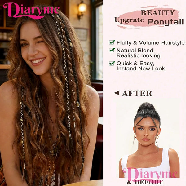 Before and after photos showing a woman's long wavy hair with beaded clip-in extensions