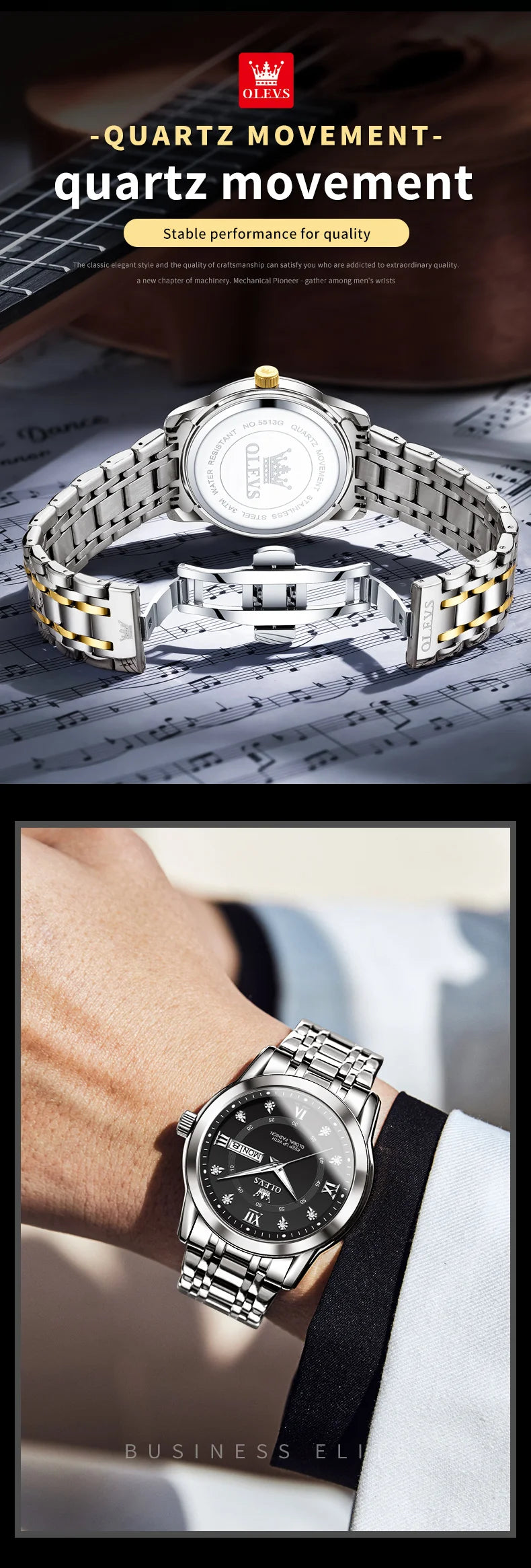 A close-up of a men's stainless steel luminous quartz watch with a dual calendar on a wrist.