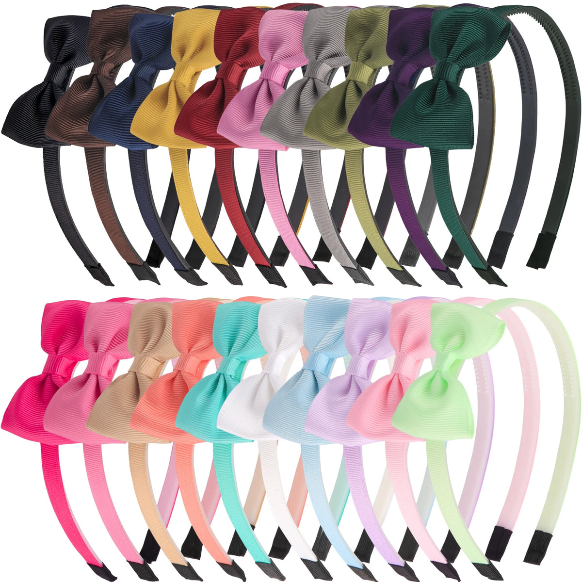 A collection of decorative grosgrain ribbon hair bows in various pastel and deep colors.