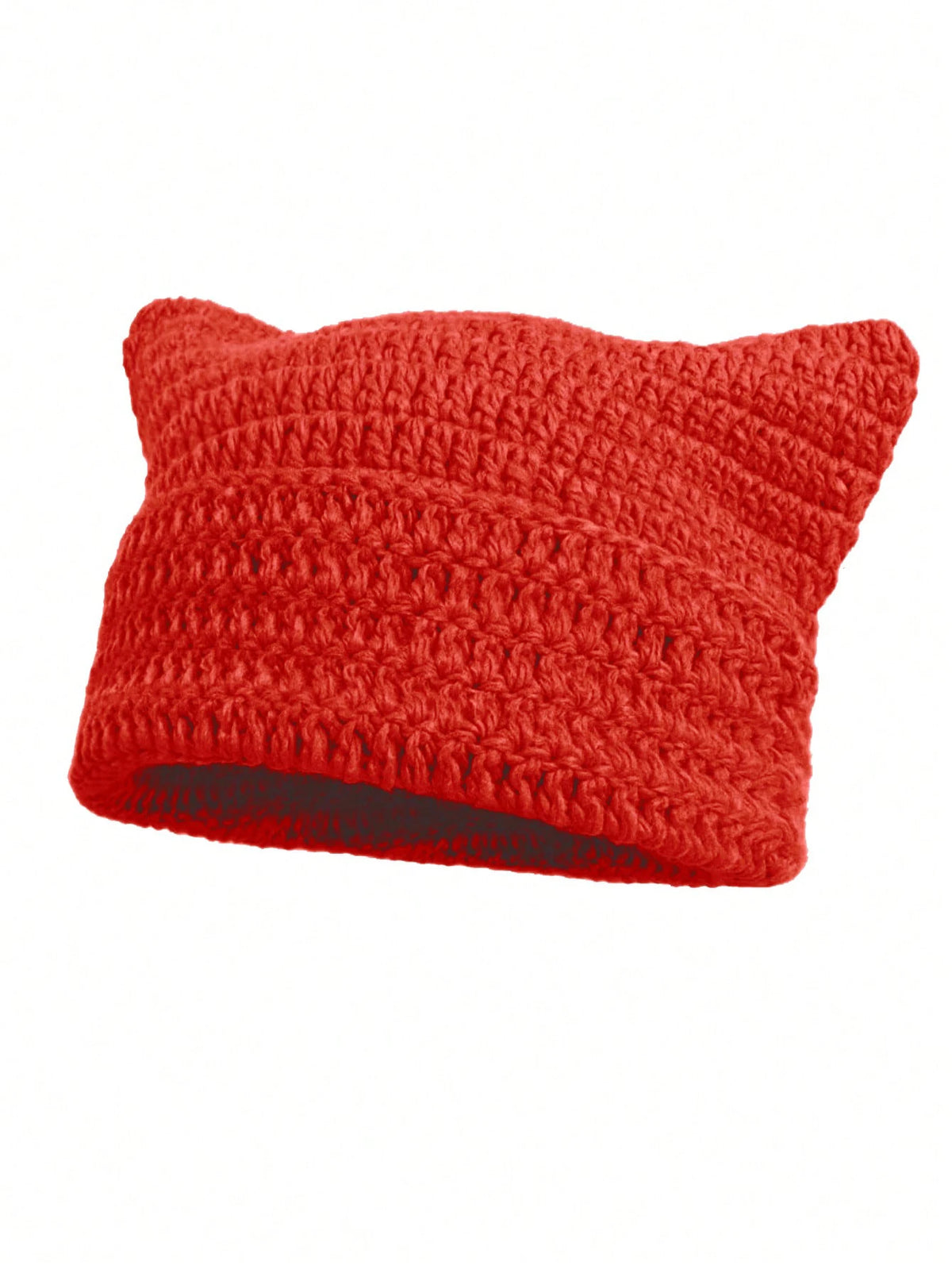 A bright red crocheted beanie hat with cat ear design.
