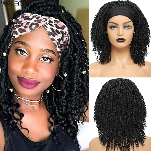 A woman modeling a Goddess Faux Locs headband wig with long black dreadlocks and a leopard print bandana.