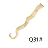A smooth, blonde hair extension is shown in a curved, elongated style.