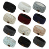 A collection of black, white, and gray plush winter ear warmer headbands shown from various angles.