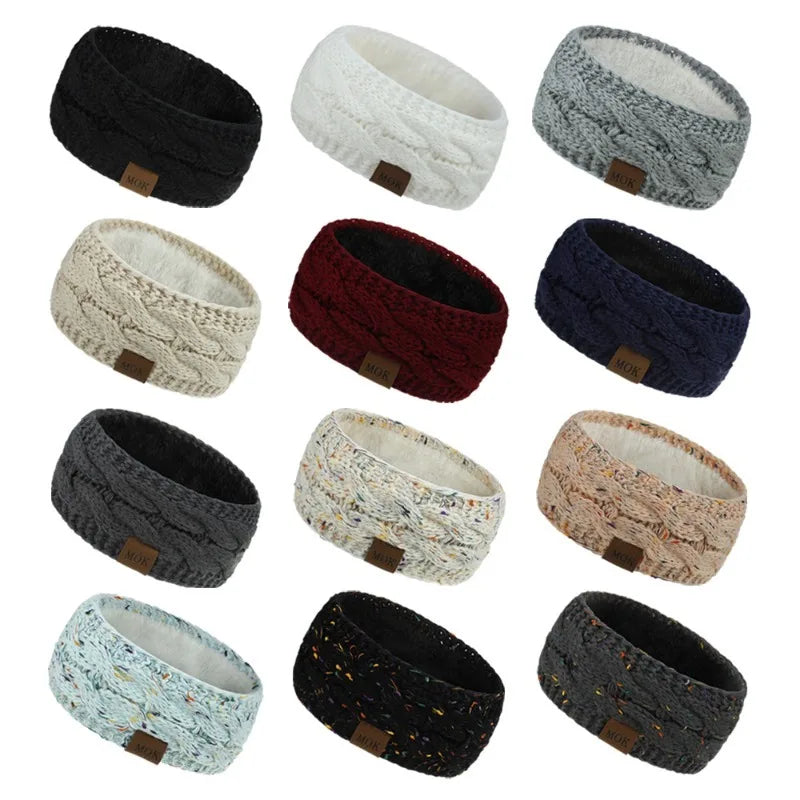 A collection of black, white, and gray plush winter ear warmer headbands shown from various angles.