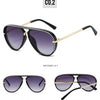 A pair of black aviator-style sunglasses with gold accents shown from the front and back.