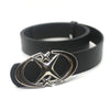 Black leather belt with a silver moon star buckle.