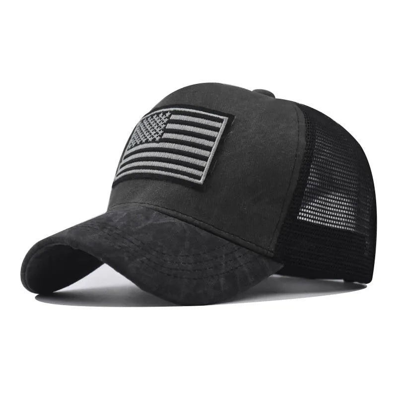 Black unisex tactical baseball cap featuring a distressed American flag design on the front panel.