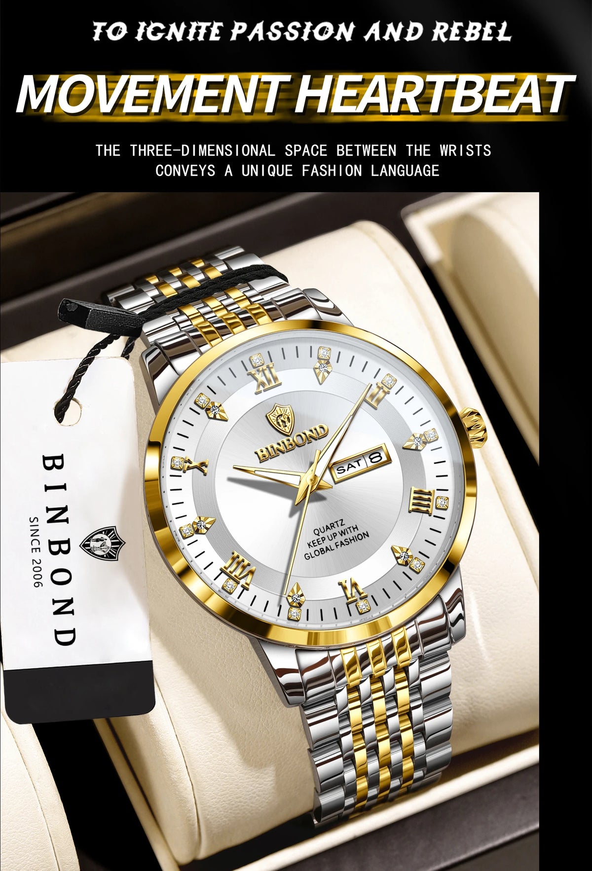 A silver and gold windup watch with a leather strap is displayed in a box, featuring the brand name and marketing text.