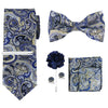 A set of men's formal tie and accessory featuring blue, gold, and gray paisley patterns.