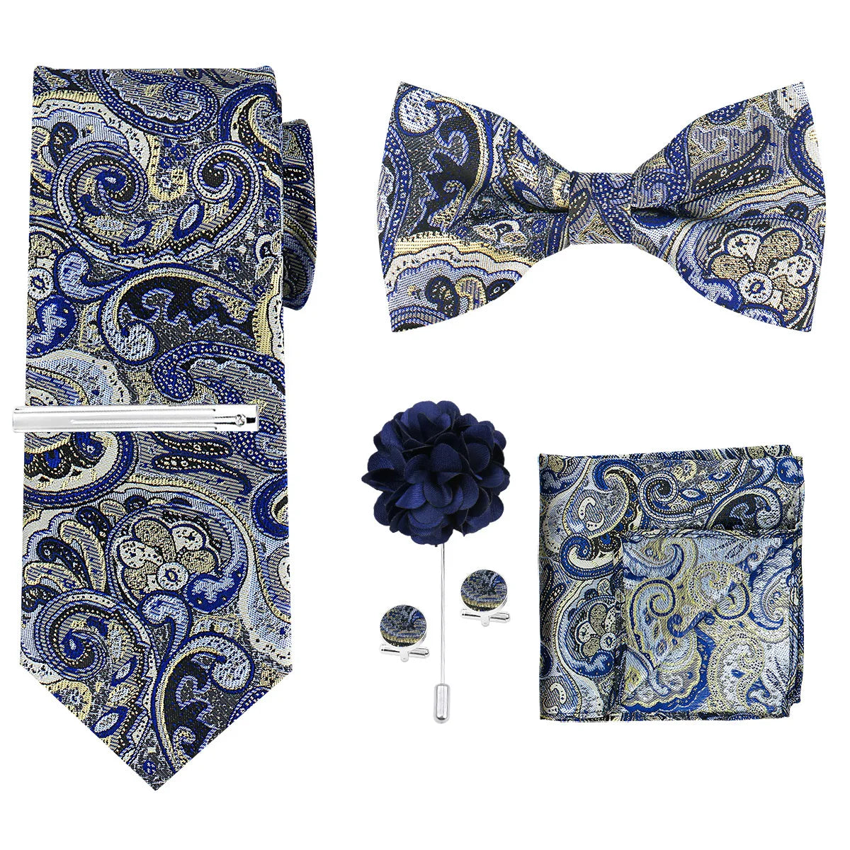 A set of men's formal tie and accessory featuring blue, gold, and gray paisley patterns.