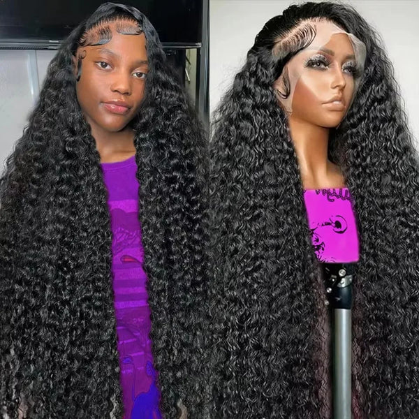 A close-up photo of a woman modeling a deep wave human hair lace front wig with long, dark curls and purple clothing.