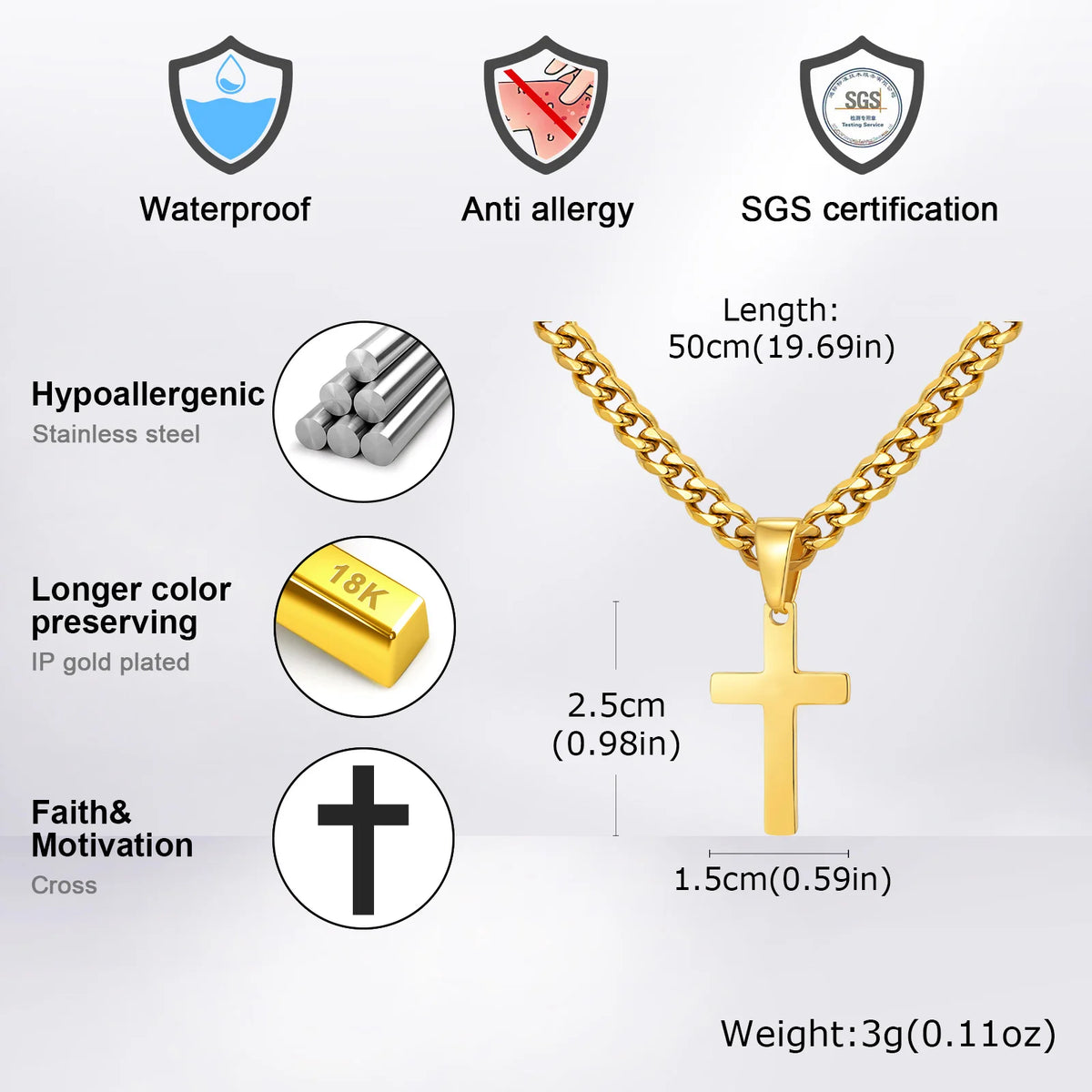 A gold-plated stainless steel Cuban link necklace featuring a cross pendant and a 50cm chain.
