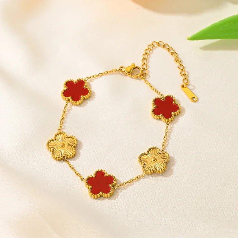 Gold plated stainless steel double-sided petal bracelet with red and gold flowers