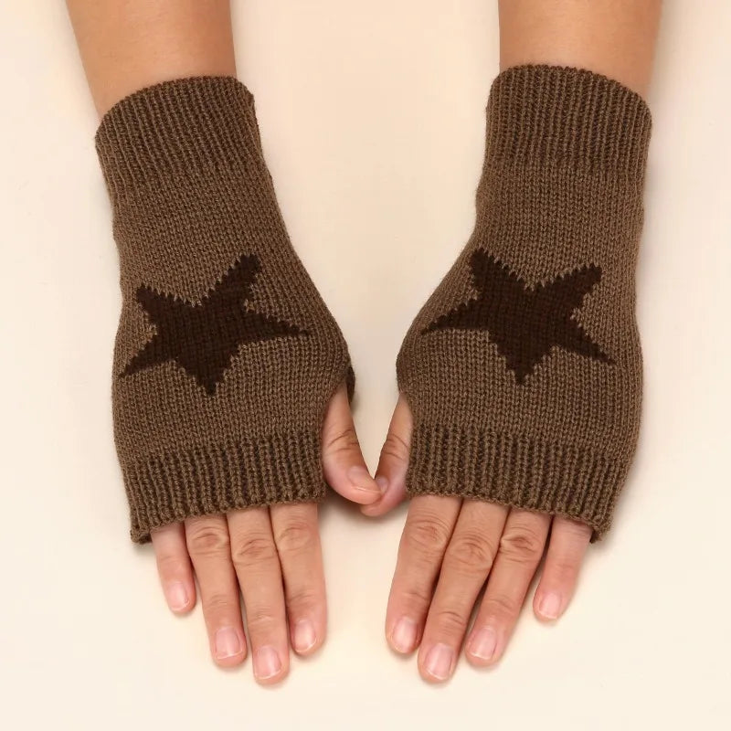 Pair of brown knitted half finger gloves with a star pattern