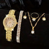 Ein Set eleganter goldfarbener Quarzkristallschmuck, bestehend aus einer Armbanduhr und einer Halskette mit Hängeschmucken.