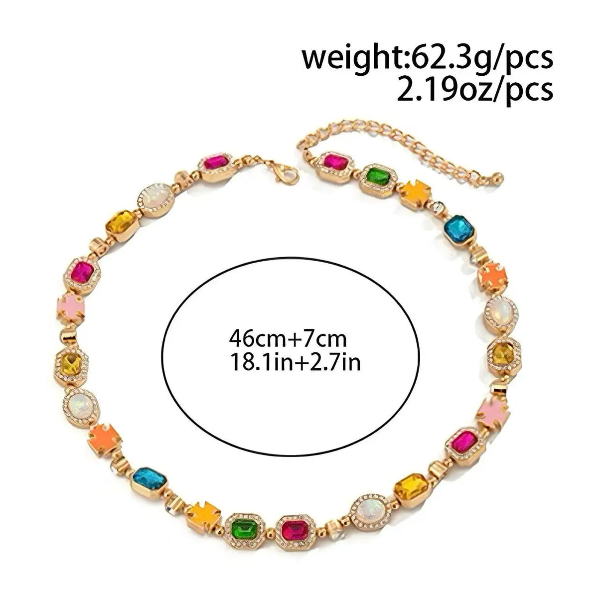 A multi-color enamel tennis chain necklace featuring various colored gemstones and gold-toned findings.