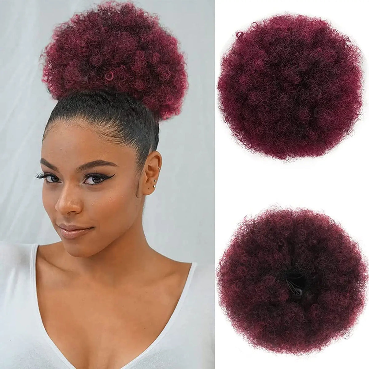 A woman shows off a reddish-purple kinky drawstring ponytail extension, featuring a voluminous, textured hair piece.