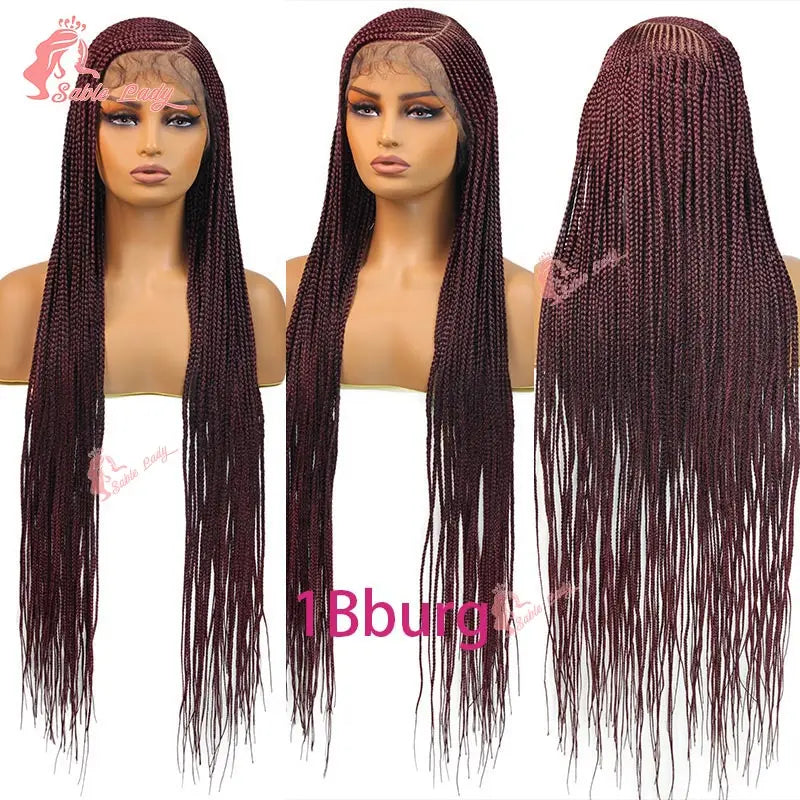 A display of a 36-inch braided cornrow wig in a deep burgundy color shown from the front.