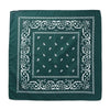 Pañuelo oscuro verde con estampado paisley blanco y patrones geométricos.