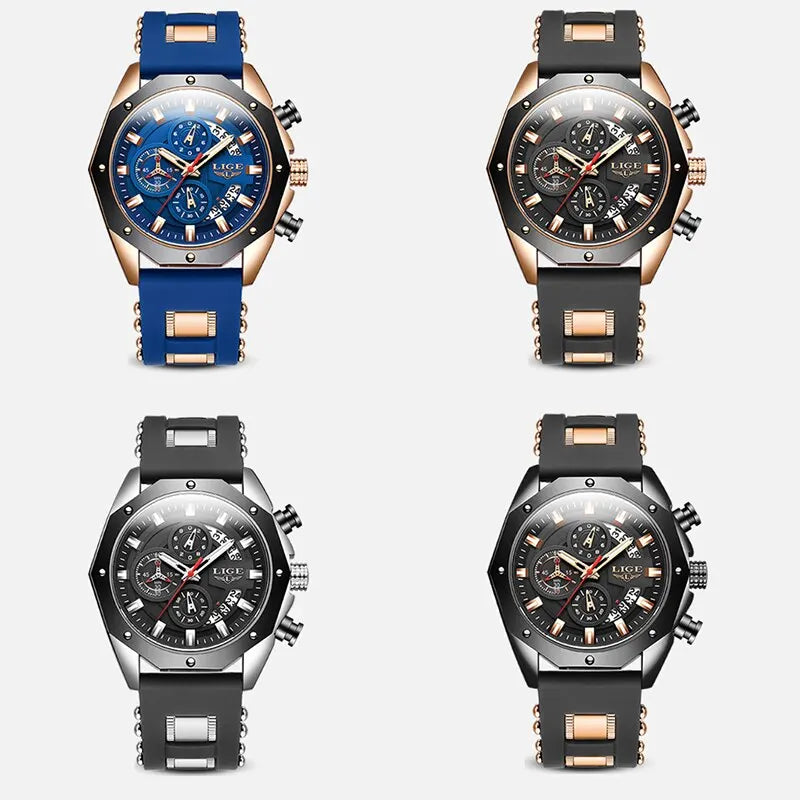 Three views of a men's luxury quartz sport watch with chronograph in blue and black finishes.