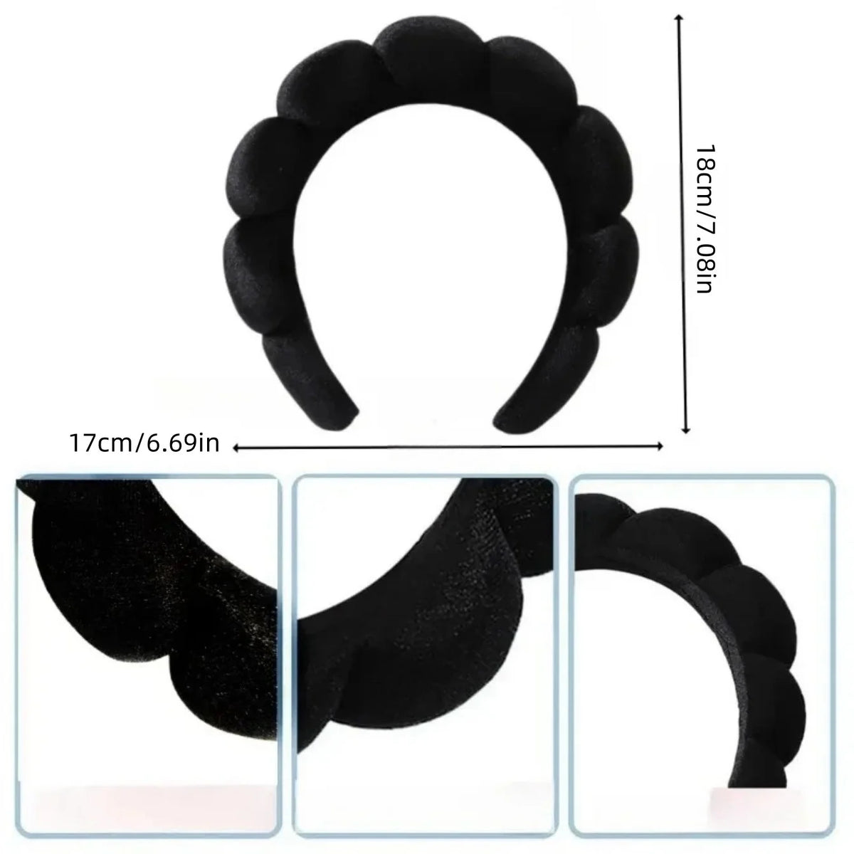 Un set de trois bandeaux de spa noirs et de bracelets, présentés sous différents angles.
