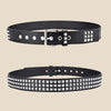 Black leather belt featuring a pattern of silver square bead rivets and pyramid studs.