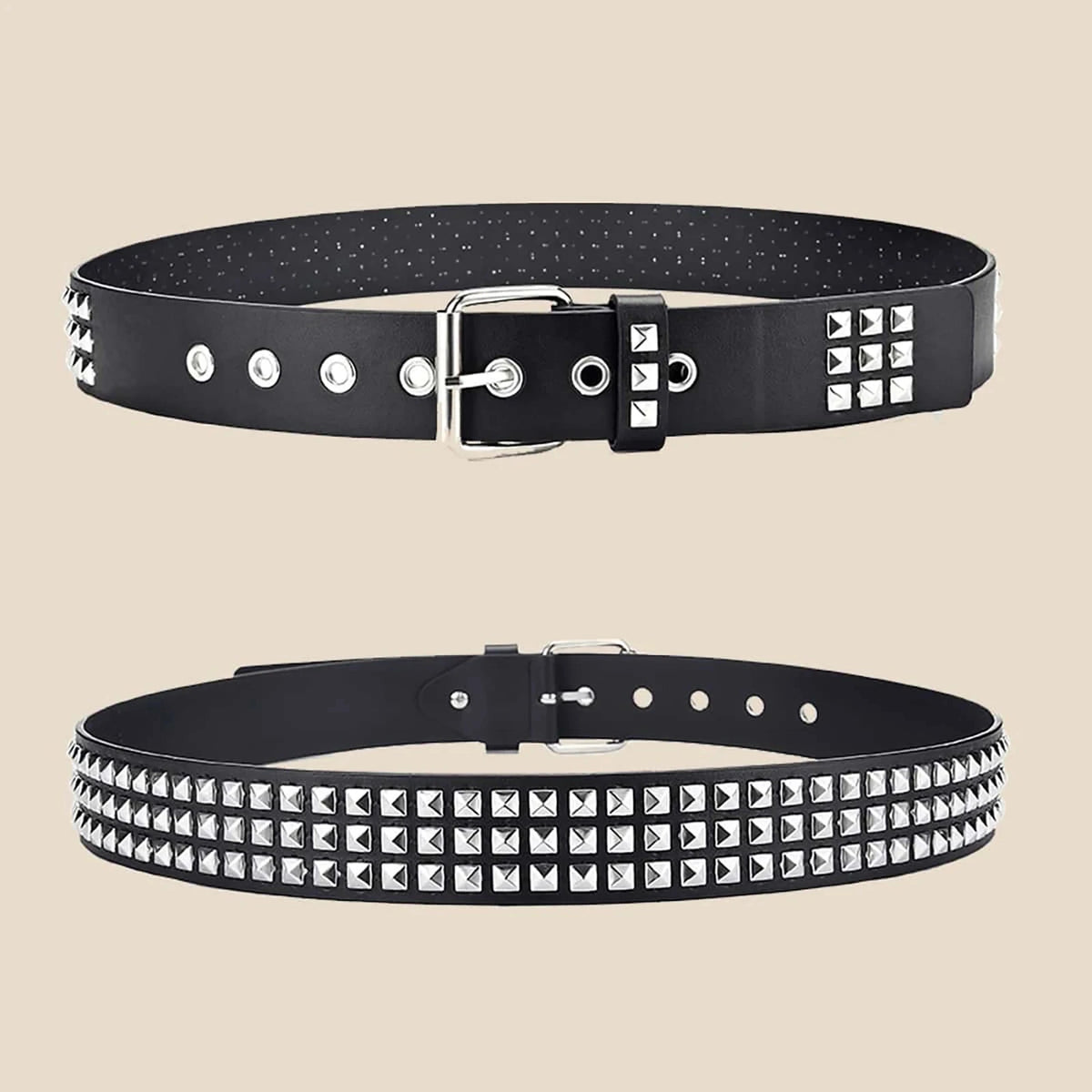 Black leather belt featuring a pattern of silver square bead rivets and pyramid studs.
