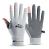 Gants de chevauchement en soie de glace gris et blanc avec protection UV, sur fond blanc.