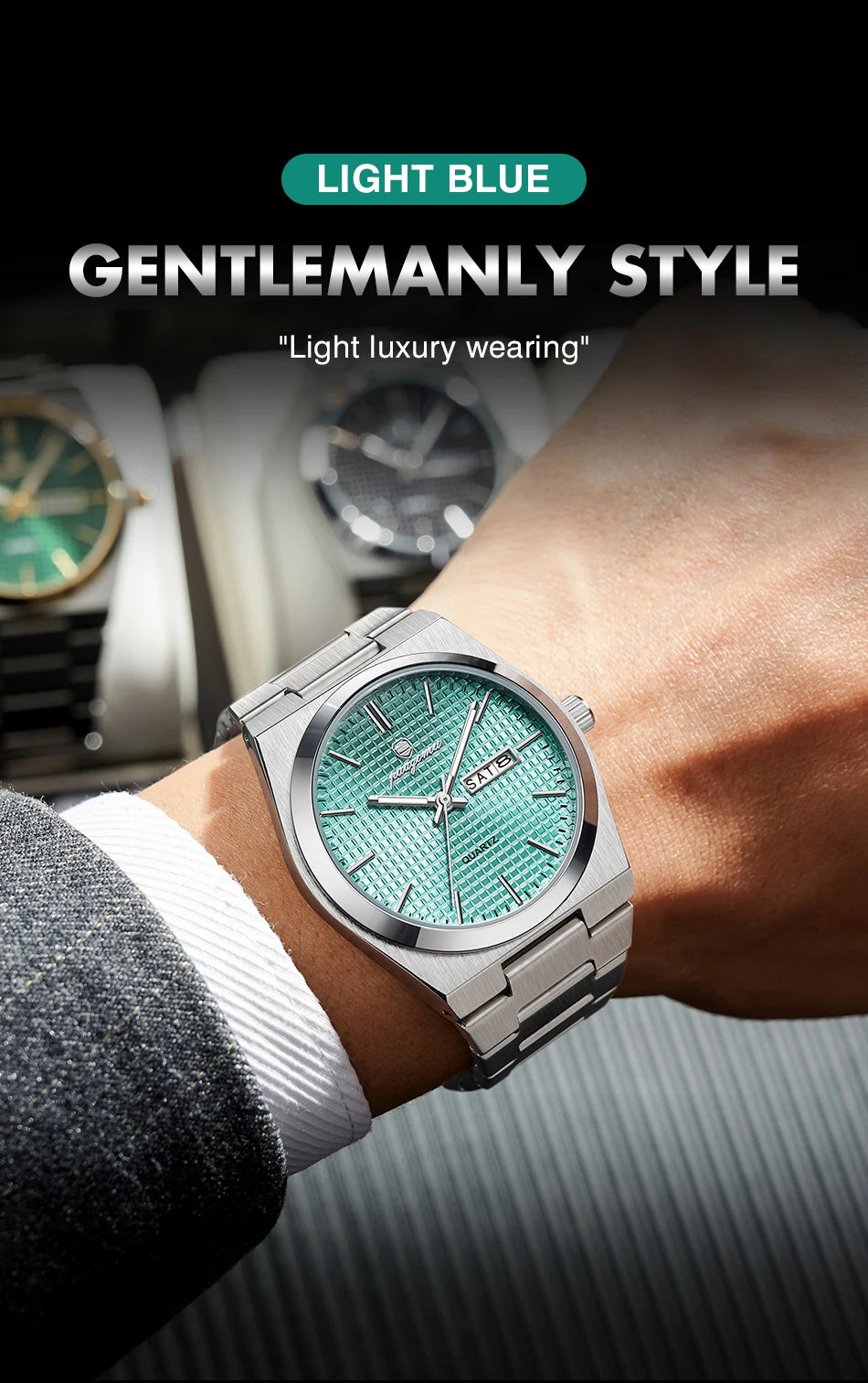 A close-up of a silver-toned men's quartz wristwatch with a light blue dial and green accents on a wrist.