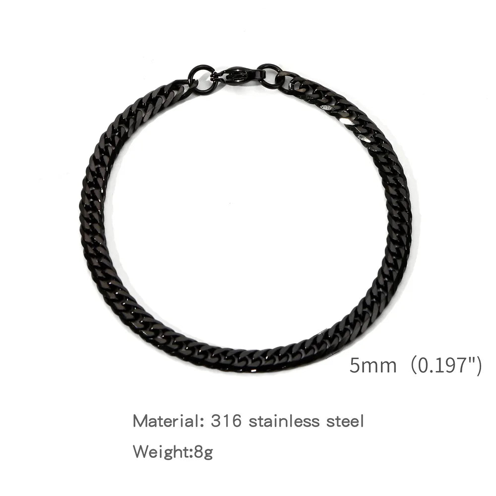 Black stainless steel Cuban link bracelet with a 5mm chain size.