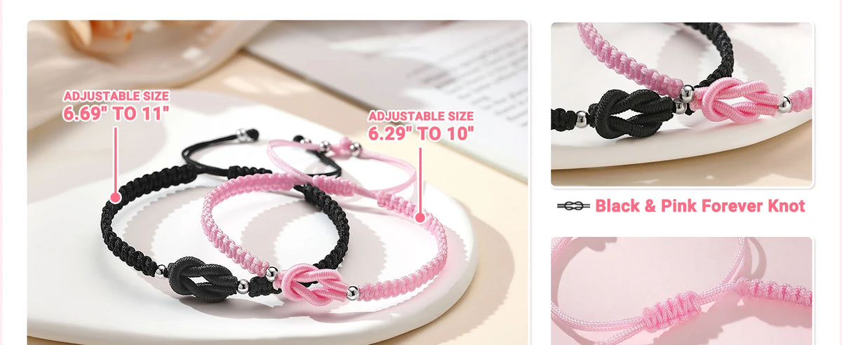 Black and pink forever knot bracelets for couples displayed on a white plate