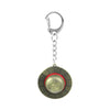 Silver metal keychain featuring a round straw hat design with a textured surface.