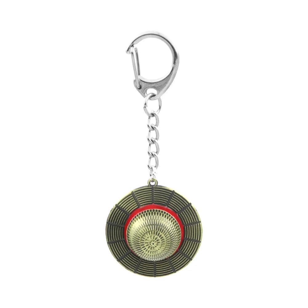 Silver metal keychain featuring a round straw hat design with a textured surface.