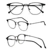 A set of black anti-blue light metal eyeglasses shown in multiple styles and angles.