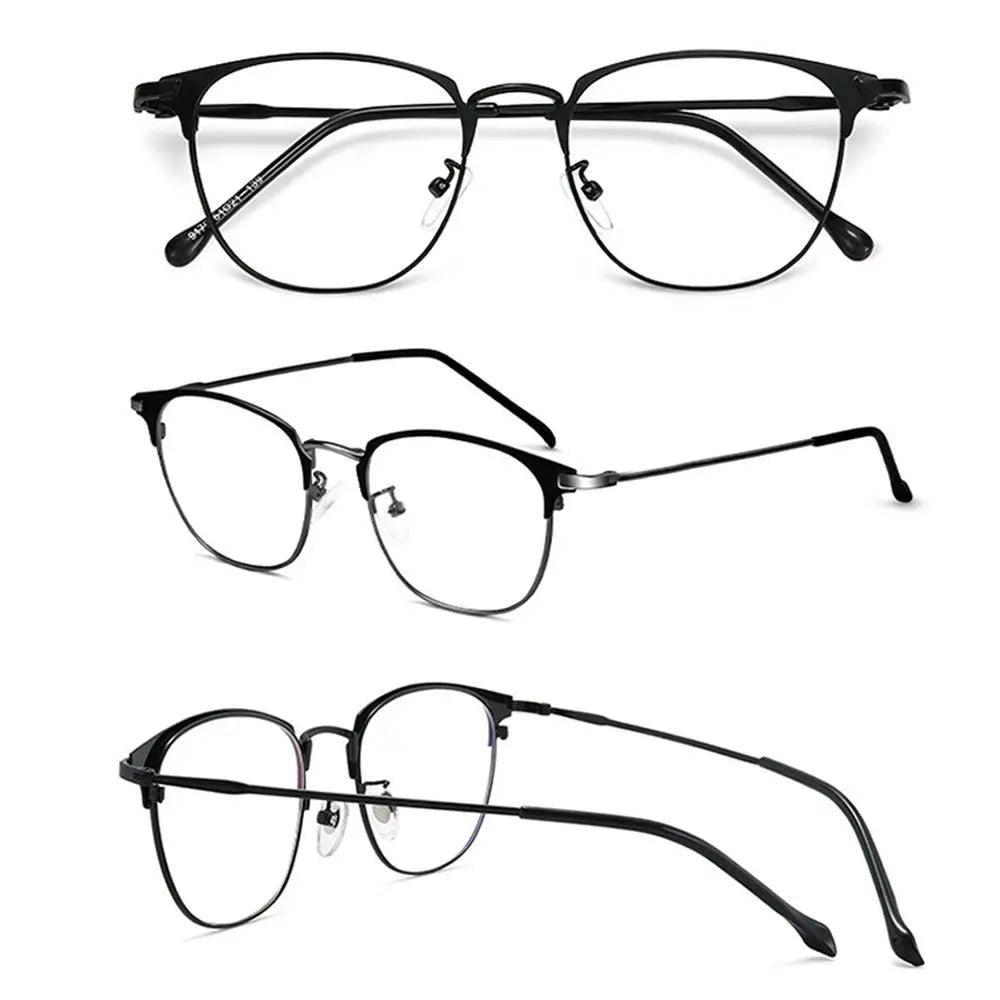 A set of black anti-blue light metal eyeglasses shown in multiple styles and angles.