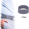 A gray elastic waist belt is shown being worn around the waist of a person's light blue shirt.
