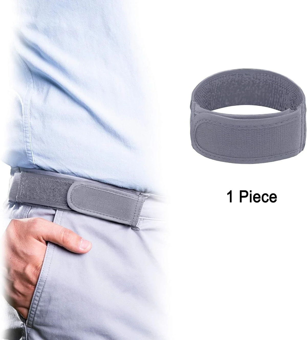 A gray elastic waist belt is shown being worn around the waist of a person's light blue shirt.