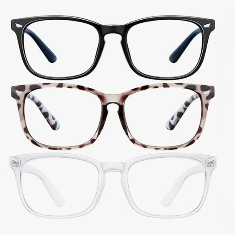 A set of three square eyeglasses in black, tortoiseshell brown, and clear acetate frames.