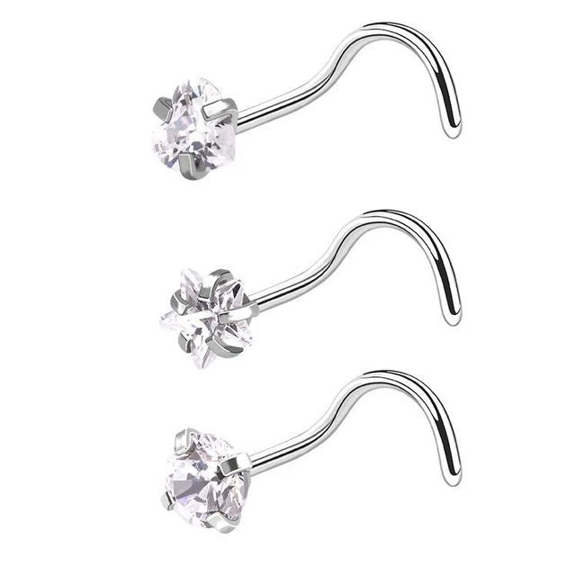 Three pieces of heart star zirconia nostril studs shown against a white background.