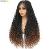 A woman modeling a long, dark brown box braid wig with loose curls and a long, full appearance.