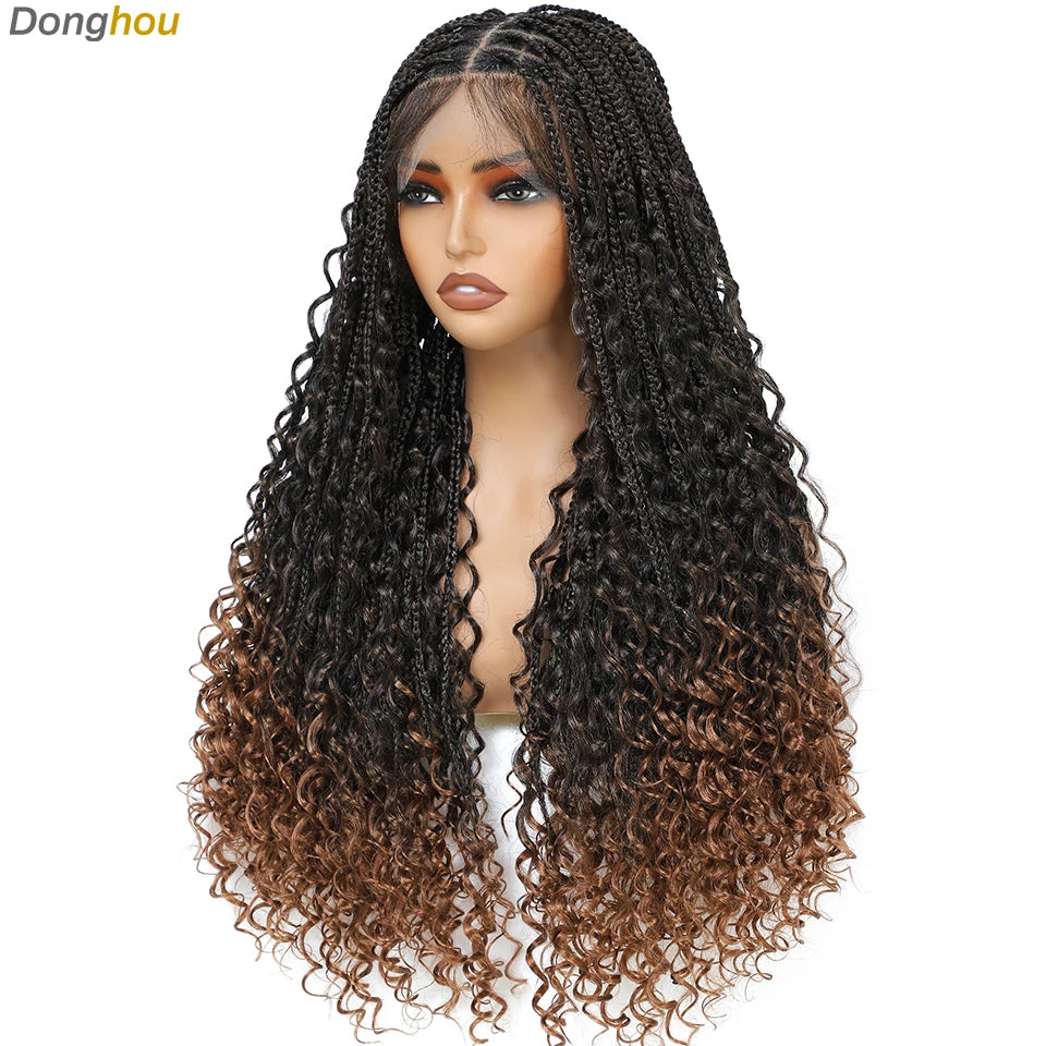A woman modeling a long, dark brown box braid wig with loose curls and a long, full appearance.