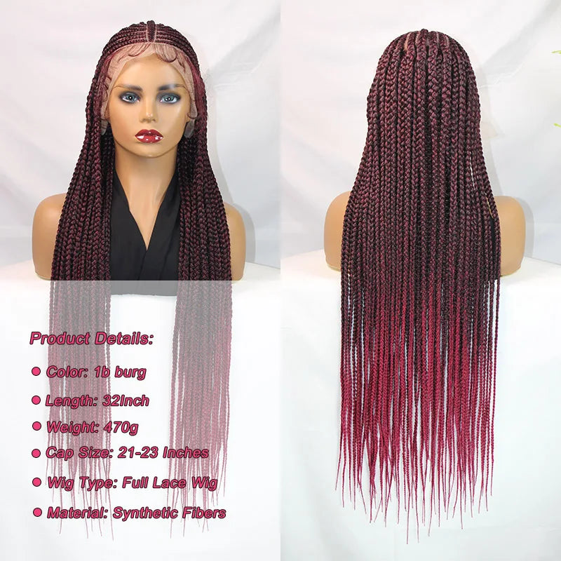 A close-up of a 32-inch synthetic braided wig with full lace front in burgundy color displayed on a mannequin.