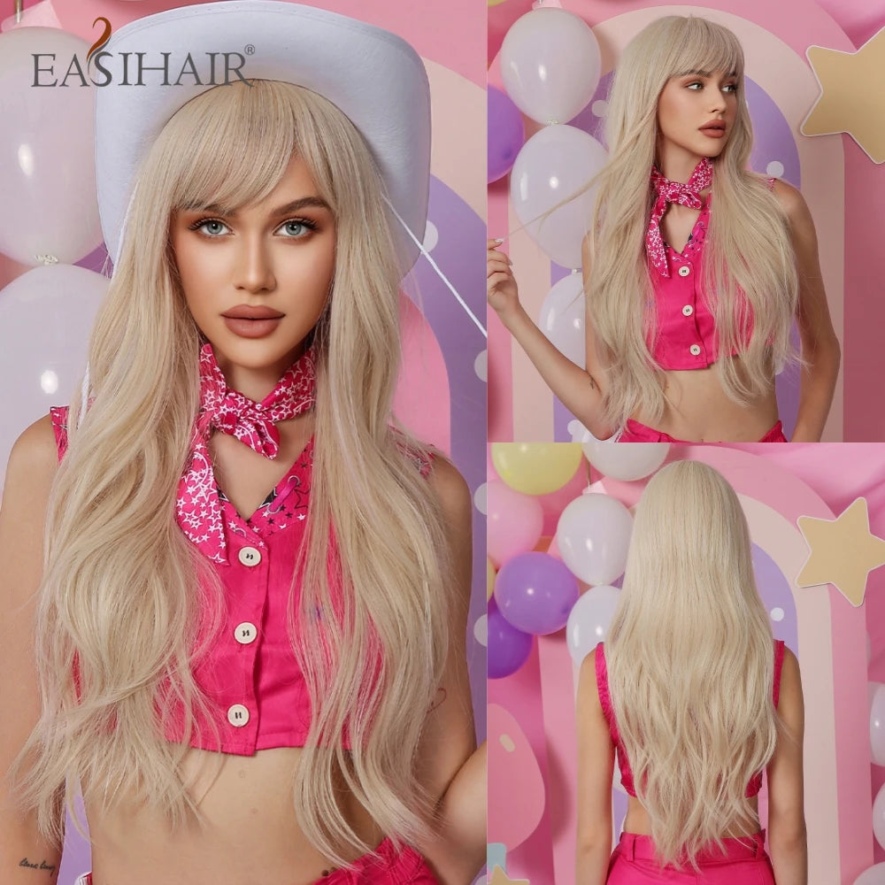 Sandy blonde wavy cosplay wig with long bangs in pink top and skirt