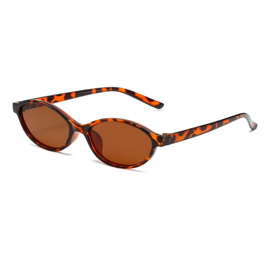 Retro oval frame sunglasses with an orange and black leopard print pattern