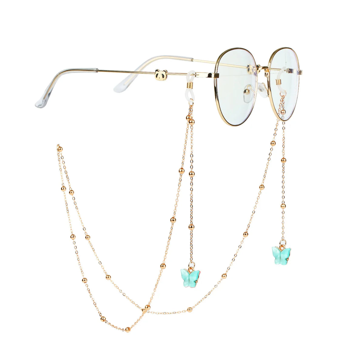 Gold-toned butterfly pendant glasses chain necklace with clear lenses and thin metal frame