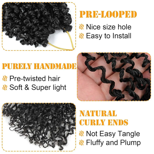Black pre-looped crochet hair extensions showing various textures and styles