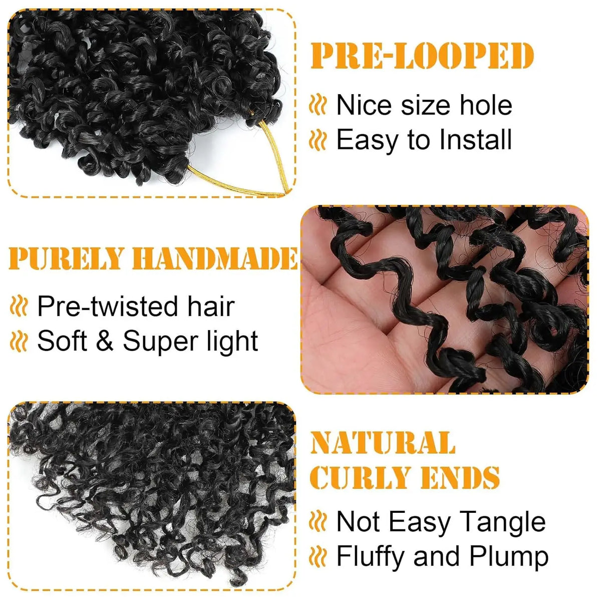 Black pre-looped crochet hair extensions showing various textures and styles