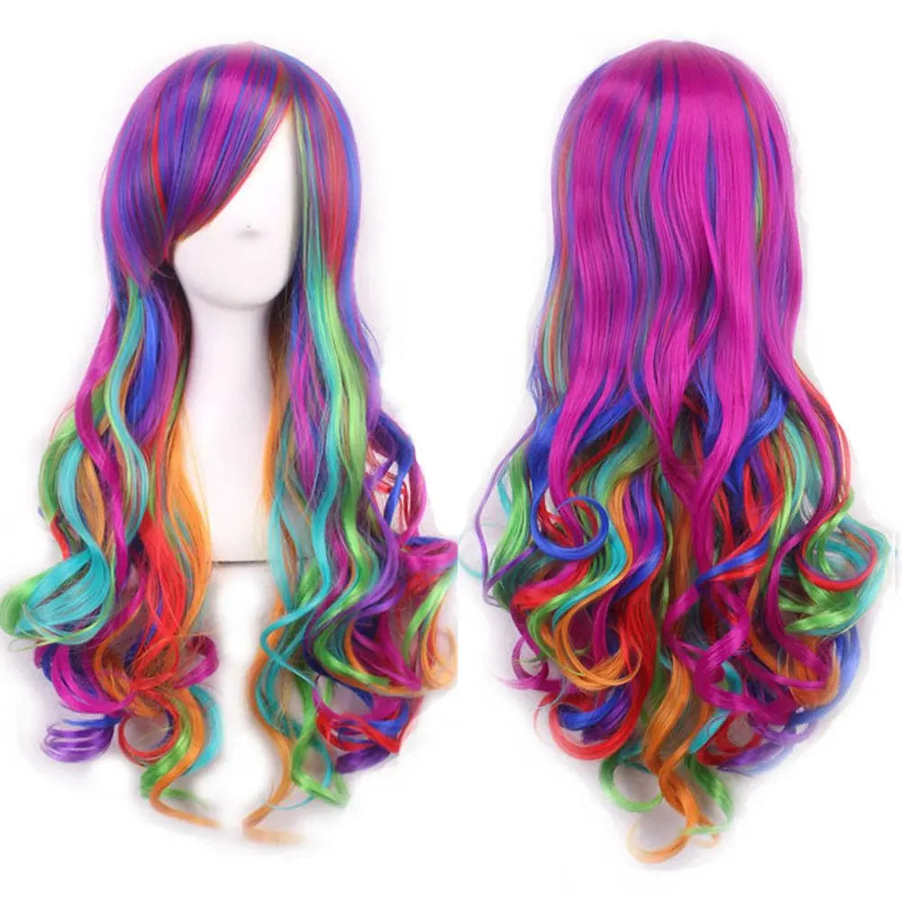 Long, wavy synthetic hair wig featuring a vibrant rainbow ombre color blend.