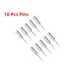 Ten silver watch link pins are displayed, packaged as a set of precision tools.