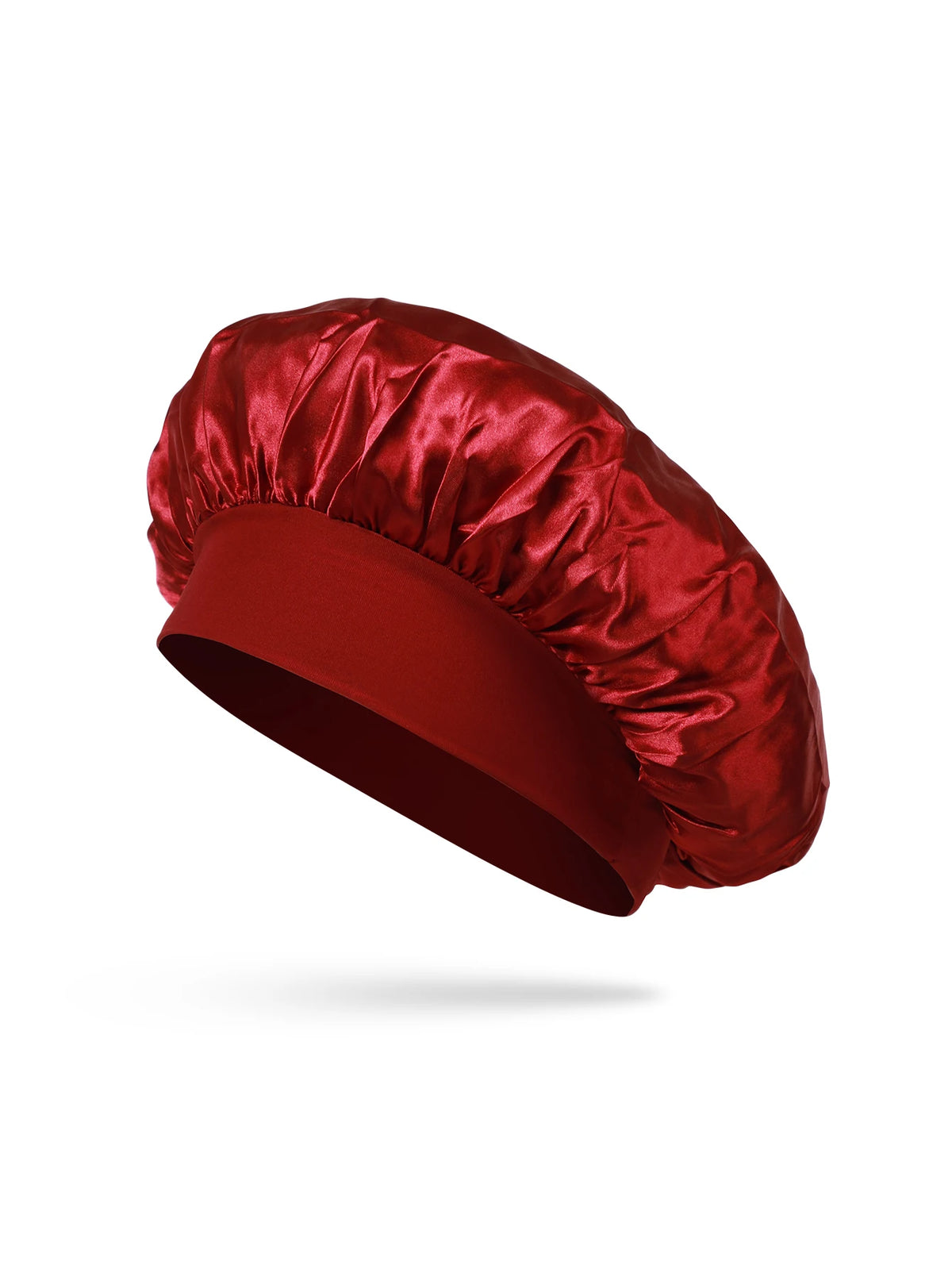 Bonnet pour cheveux en satin de soie rouge profond, vu de côté.